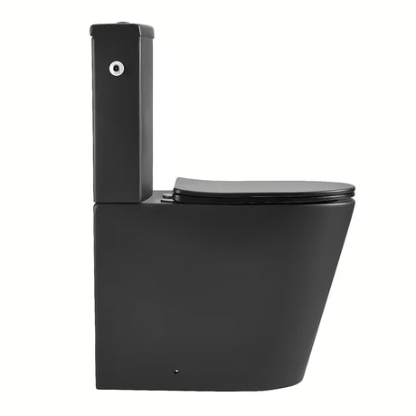 Samostoječi  WC monoblok SAT Brevis v črno-mat izvedbi z brezrobno školjko in sedežem mehko Zapiranje Soft Close.