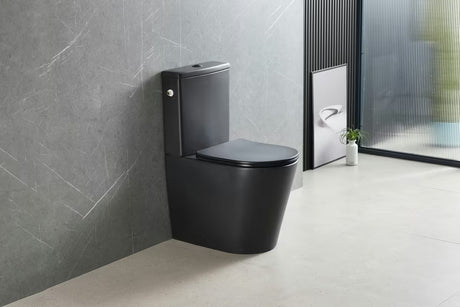 Samostoječi  WC monoblok SAT Brevis v črno-mat izvedbi z brezrobno školjko in sedežem mehko Zapiranje Soft Close.