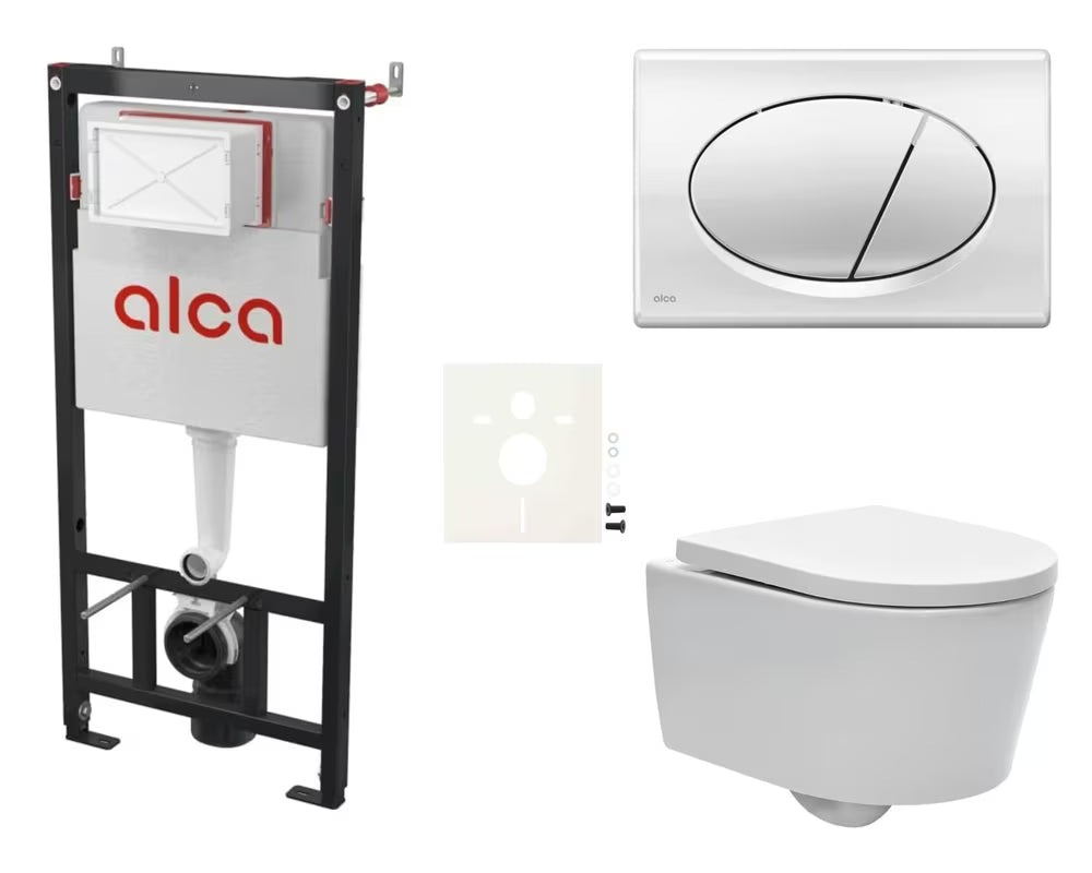Viseči WC set SAT Brevis s podometnim modulom Alca, splakovalno tipko in sedežem mehko Zapiranje Soft Close