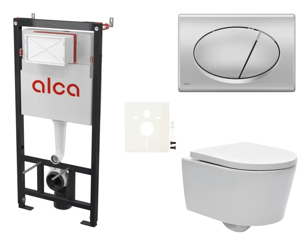 Viseči WC set SAT Brevis s podometnim modulom Alca, splakovalno tipko in sedežem mehko Zapiranje Soft Close