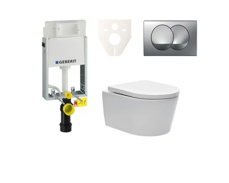 Viseči WC set SAT Brevis s podometnim modulom Geberit Kombifix, tipko in sedežem z mehko Zapiranje Soft Close ter EasyLock.