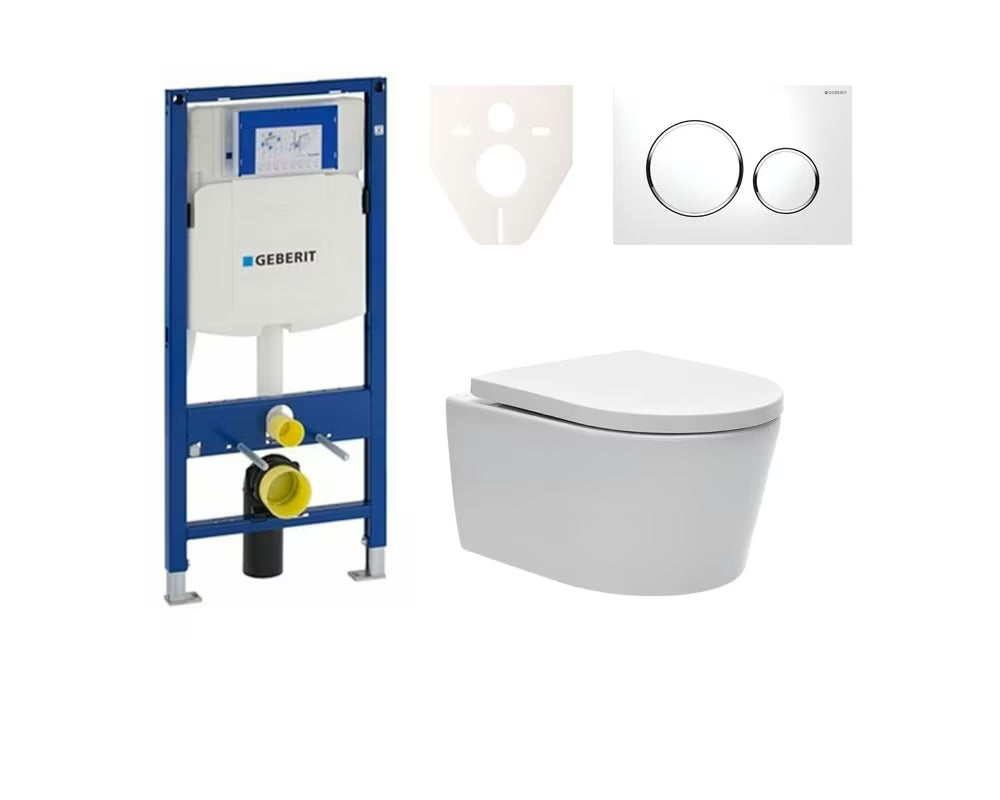 Viseči WC set SAT Brevis z modulom Geberit Duofix, školjko Rimless in belim tipkalom za splakovanje