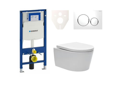 Viseči WC set SAT Brevis z modulom Geberit Duofix, školjko Rimless in belim tipkalom za splakovanje