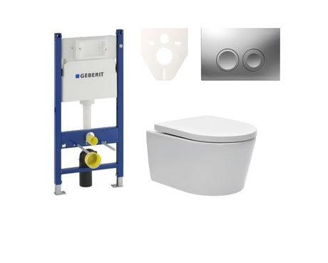 Viseči WC set SAT Brevis z instalacijskim modulom in splakovalnikom Geberit Delta pro za predstensko montažo.