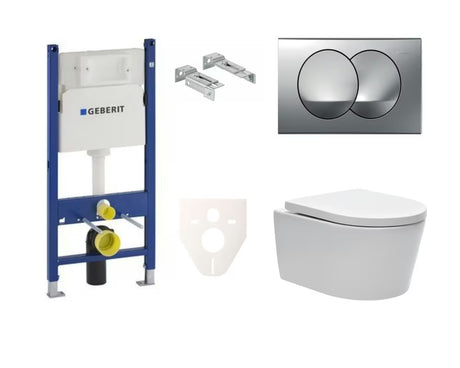 Viseči WC set SAT Brevis z instalacijskim modulom Geberit in splakovalno tipko v krom izvedbi.