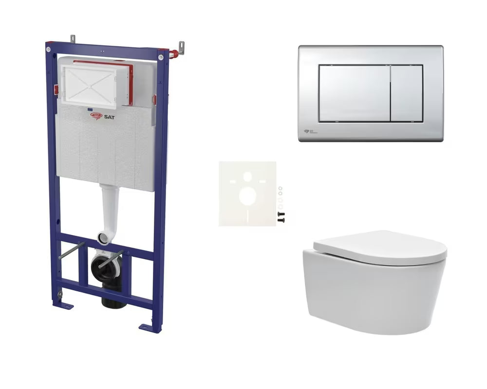 Viseči WC set SAT Brevis s podometnim modulom, splakovalno tipko v sijajnem kromu in sedežem mehko Zapiranje Soft Close