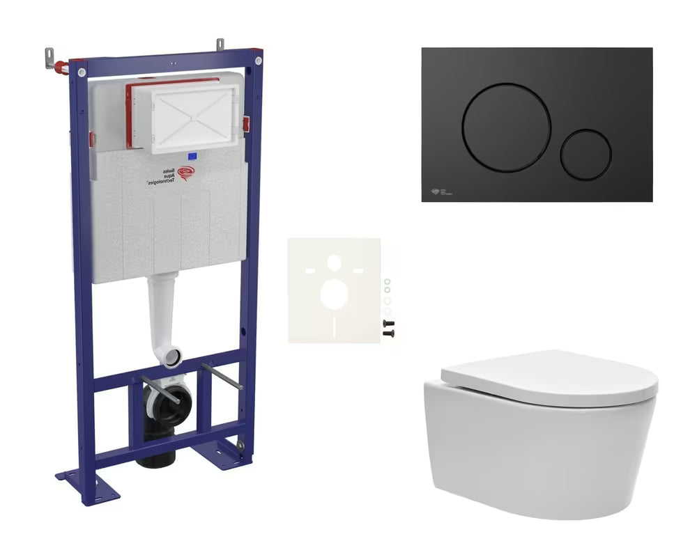 Viseči WC set SAT Brevis s podometnim modulom, črno mat tipko in WC školjka s wc desko mehko Zapiranje Soft Close