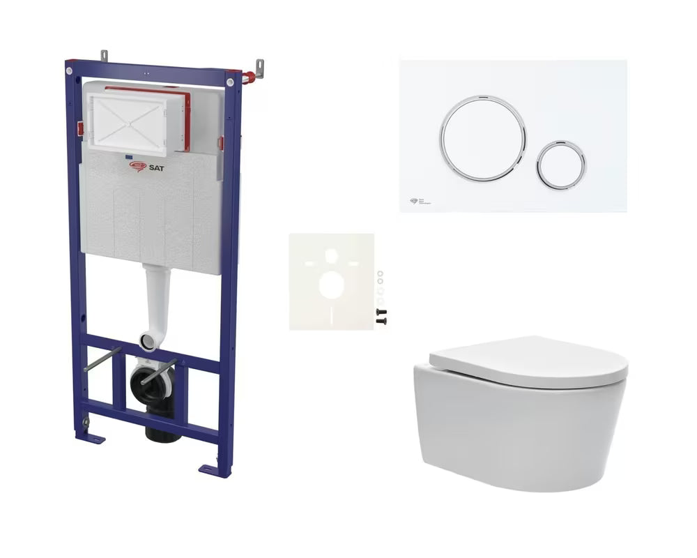 Viseči WC set SAT Brevis s podometnim modulom, splakovalno tipko in sedežem mehko Zapiranje Soft Close in EasyLock.