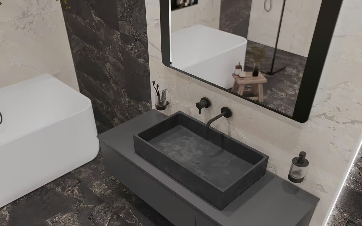Antracitni betonski umivalnik na ploščo SAT Cemento oglate oblike in s tankimi stenami