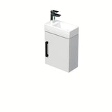 Viseča kopalniška omarica SAT Cube Way 1 s keramičkim umivaonikom u bijelom sjaju s crnom ručkicom.