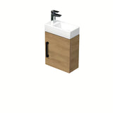 Viseča kopalniška omarica SAT Cube Way s keramičkim umivaonikom za gostinjski WC u dekoru hrasta hickory i s crnom ručkicom.