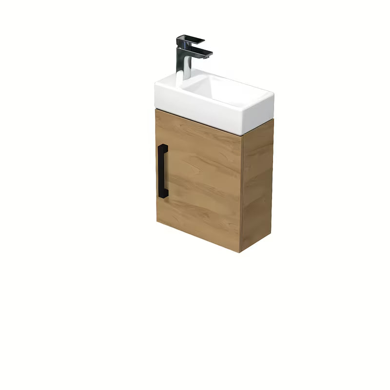 Viseča kopalniška omarica SAT Cube Way s keramičkim umivaonikom za gostinjski WC u dekoru hrasta hickory i s crnom ručkicom.