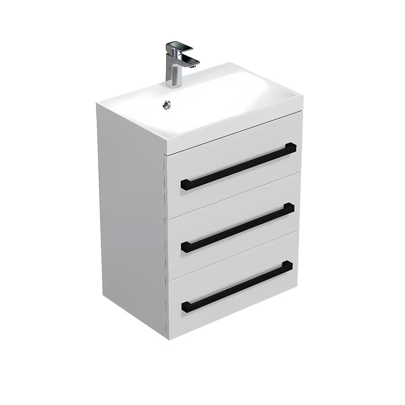 Viseča kopalniška omarica z umivalnikom SAT Cube Way 60x40x76,5 cm v beli sijajni izvedbi s črnimi ročaji