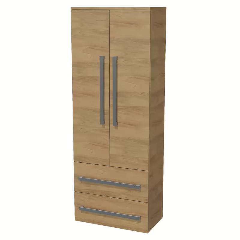 Visoka viseča kopalniška omarica SAT Cube Way 60x163x33 cm v dekorju hrast hickory s kromiranimi ročaji.