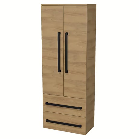 Visoka kopalniška omarica SAT Cube Way 60x163x33 cm v dekorju hrast hickory s črnimi ročaji