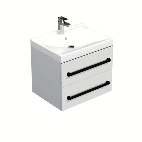 Viseča kopalniška omarica SAT Cube Way s keramičnim umivalnikom v beli sijajni barvi in črnimi ročaji.