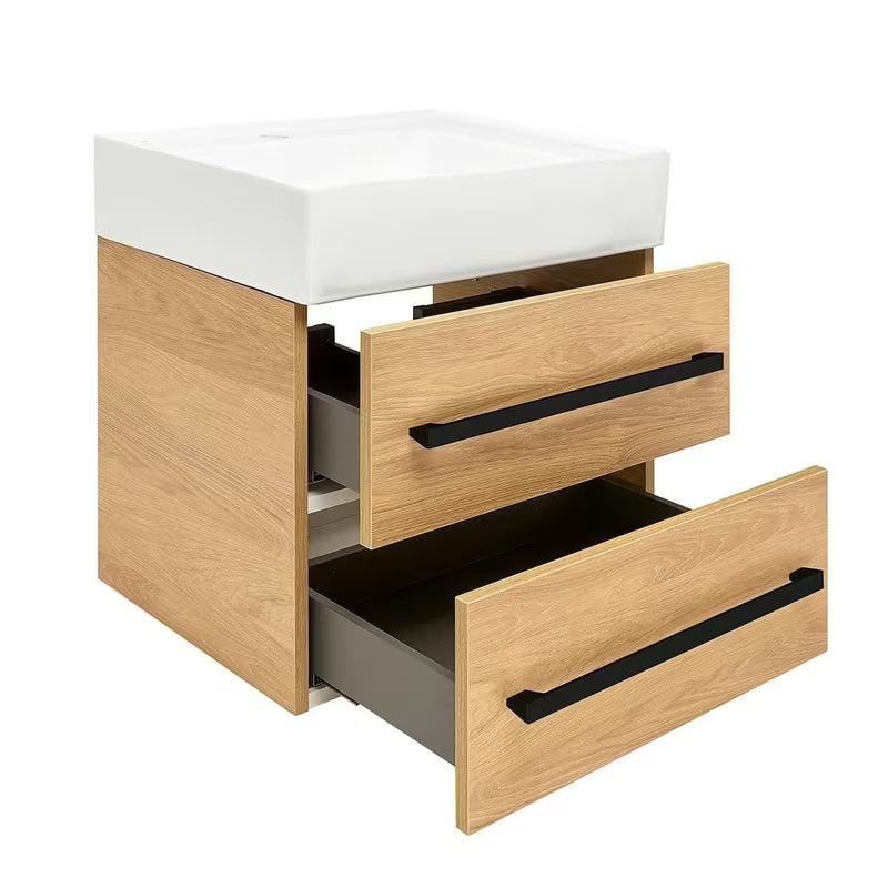 Viseča kopalniška omarica s keramičnim umivalnikom SAT Cube Way 60x53x46 cm v dekorju hrast hickory