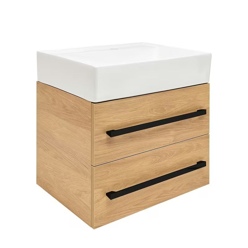 Viseča kopalniška omarica s keramičnim umivalnikom SAT Cube Way 60x46 cm v dekorju hrast hickory