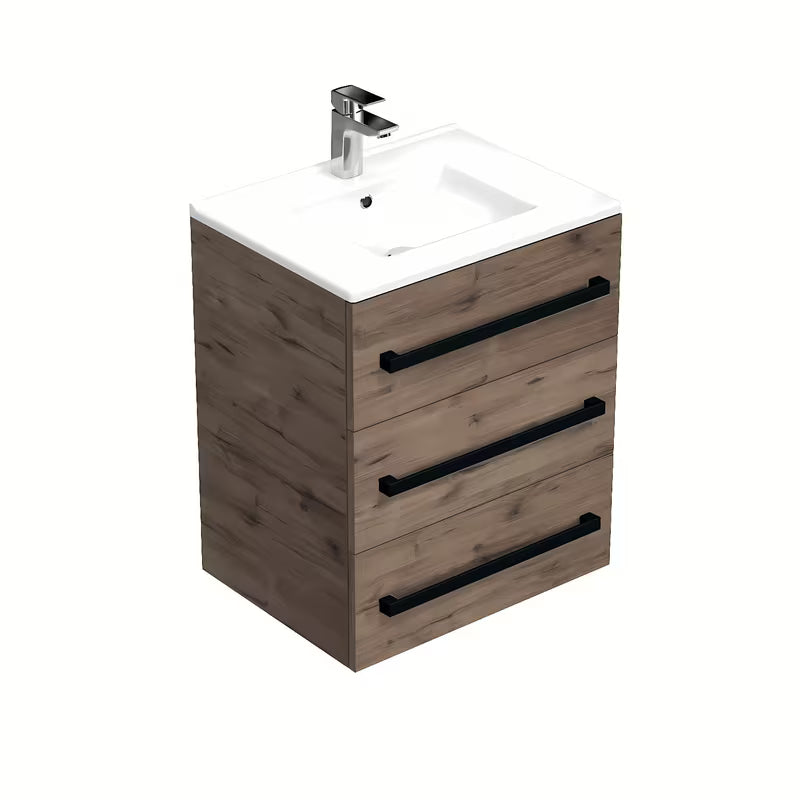 Viseča kopalniška omarica SAT Cube Way s keramičnim umivalnikom v dekorju hrast wellington in črnimi ročaji.
