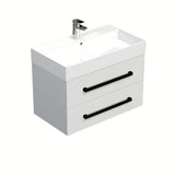 Viseča kopalniška omarica SAT Cube Way s keramičnim umivalnikom v beli sijajni barvi in črnimi ročaji.
