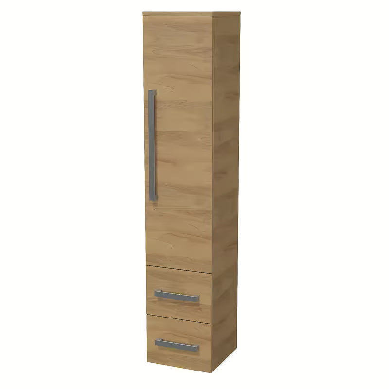 Viseča visoka kopalniška omarica SAT Cube Way u dekoru hrasta hickory s kromiranim ručkicama