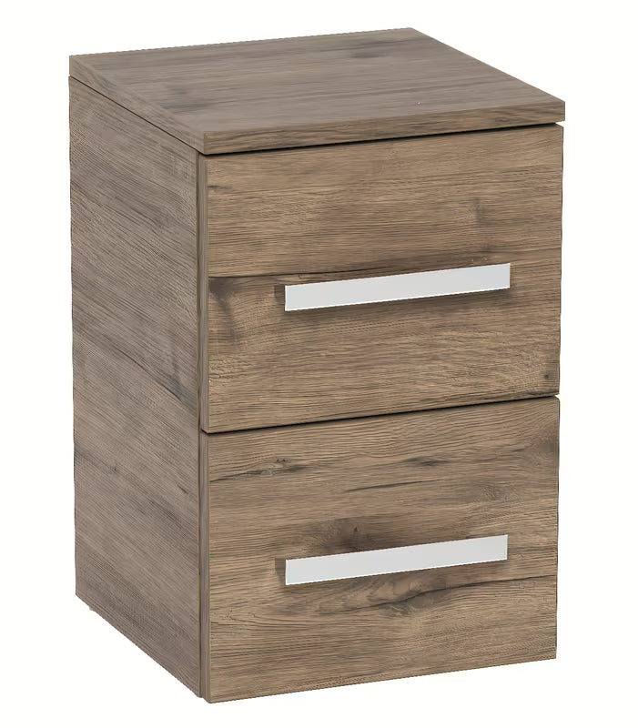 Nizka kopalniška omarica SAT Cube Way u dekoru hrasta wellington s dvije ladice i kromiranim ručkicama.