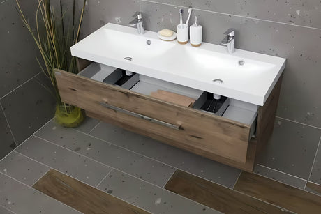 Viseča kopalniška omarica SAT Cube Way z dvojnim umivalnikom u dekoru hrasta wellington