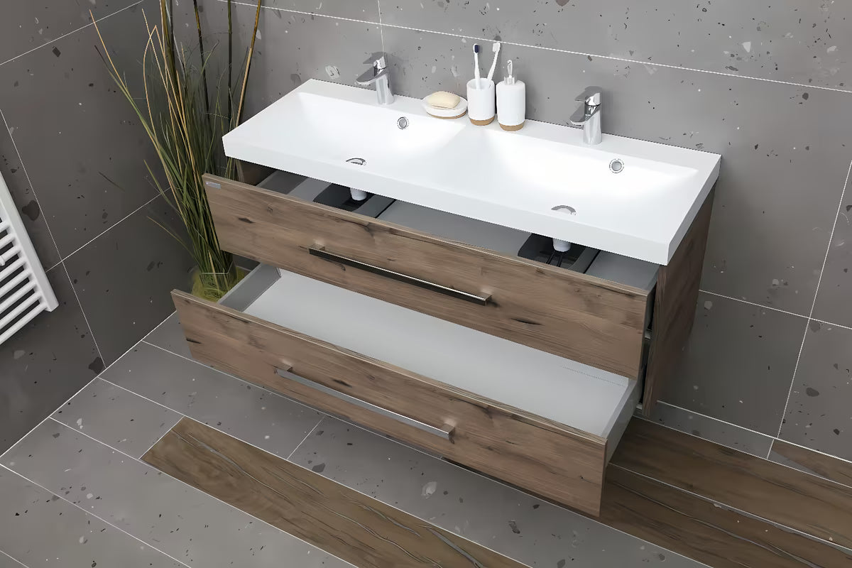 Viseča kopalniška omarica SAT Cube Way z dvojnim umivalnikom u dekoru hrasta wellington