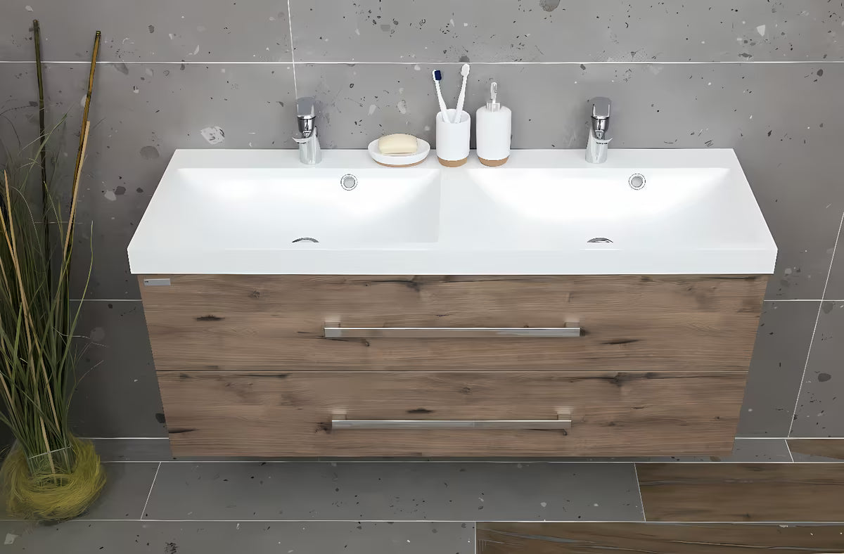 Viseča kopalniška omarica SAT Cube Way z dvojnim umivalnikom u dekoru hrasta wellington