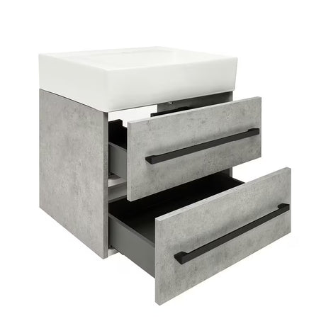 Viseča kopalniška omarica s keramičkim umivaonikom SAT Cube Way u dekoru betona, 60x46x53 cm.