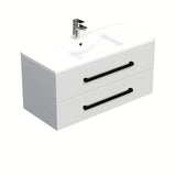 Viseča kopalniška omarica SAT Cube Way s keramičkim umivaonikom u sjajno bijeloj boji i crnim ručkicama