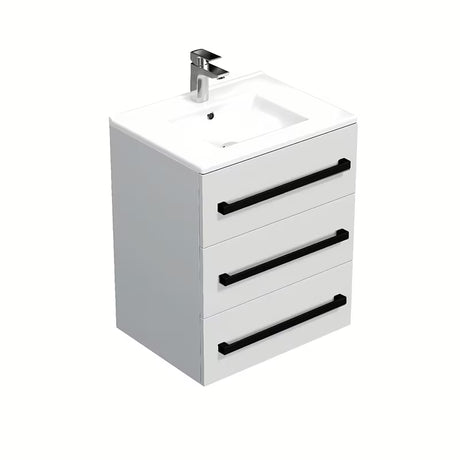 Viseča kopalniška omarica SAT Cube Way s keramičkim umivaonikom u sjajno bijeloj boji i crnim ručkicama