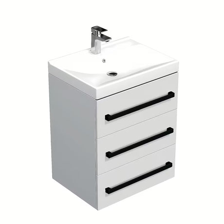 Viseča kopalniška omarica s keramičkim umivaonikom SAT Cube Way u bijelom sjaju s crnim ručkicama