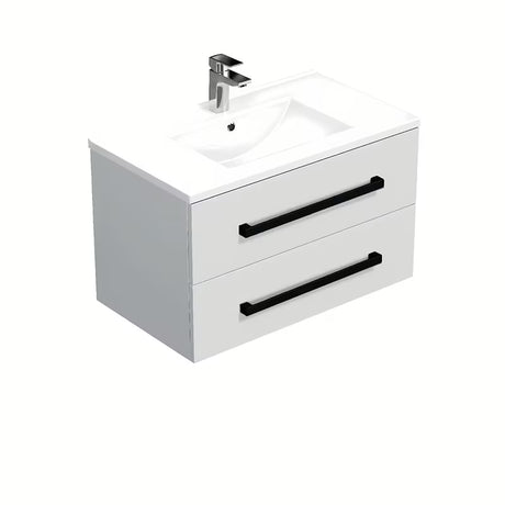 Viseča kopalniška omarica SAT Cube Way s keramičkim umivaonikom u sjajno bijeloj boji i crnim ručkicama