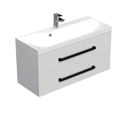 Viseča kopalniška omarica z umivalnikom SAT Cube Way u bijelom sjaju s crnim mat ručkicama