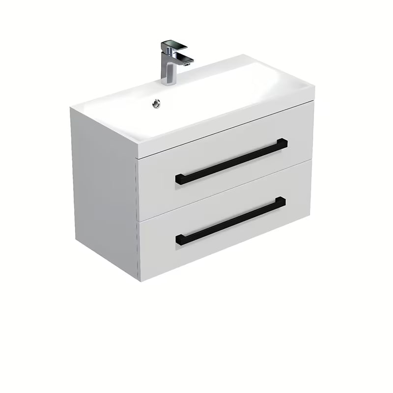 Viseča kopalniška omarica z umivalnikom SAT Cube Way u bijelom sjaju s crnim mat ručkicama