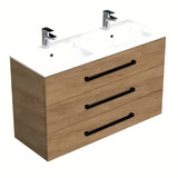 Viseča kopalniška omarica SAT Cube Way s keramičkim umivaonikom u dekoru hrasta hickory i tri ladice.