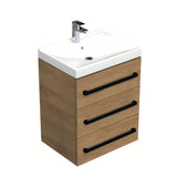 Viseča kopalniška omarica SAT Cube Way s keramičkim umivaonikom u dekoru hrasta hickory i tri ladice