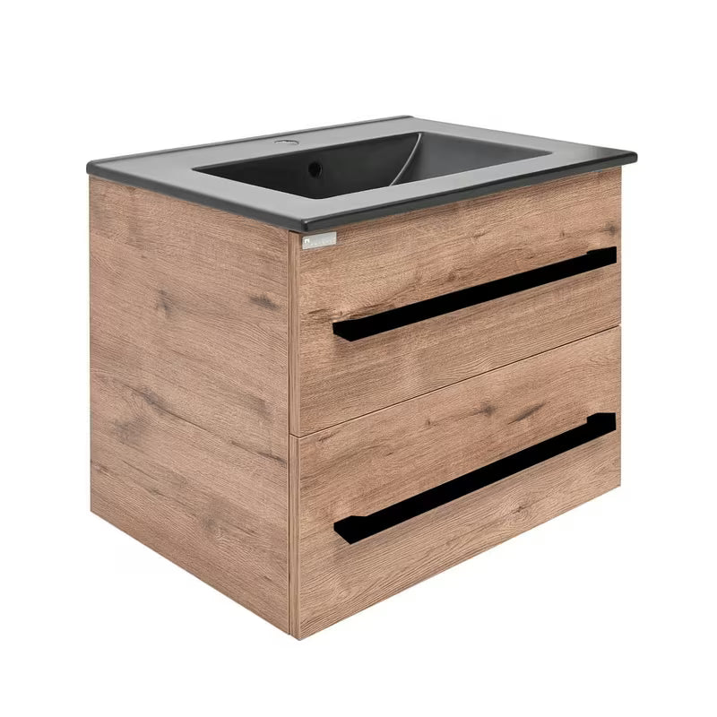 Viseča kopalniška omarica SAT Cube Way s keramičkim umivaonikom u dekoru hrasta Wellington i crnim ručkicama.