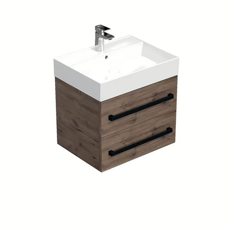 Viseča kopalniška omarica s keramičkim umivaonikom SAT Cube Way u dekoru hrasta wellington s crnim ručkicama.