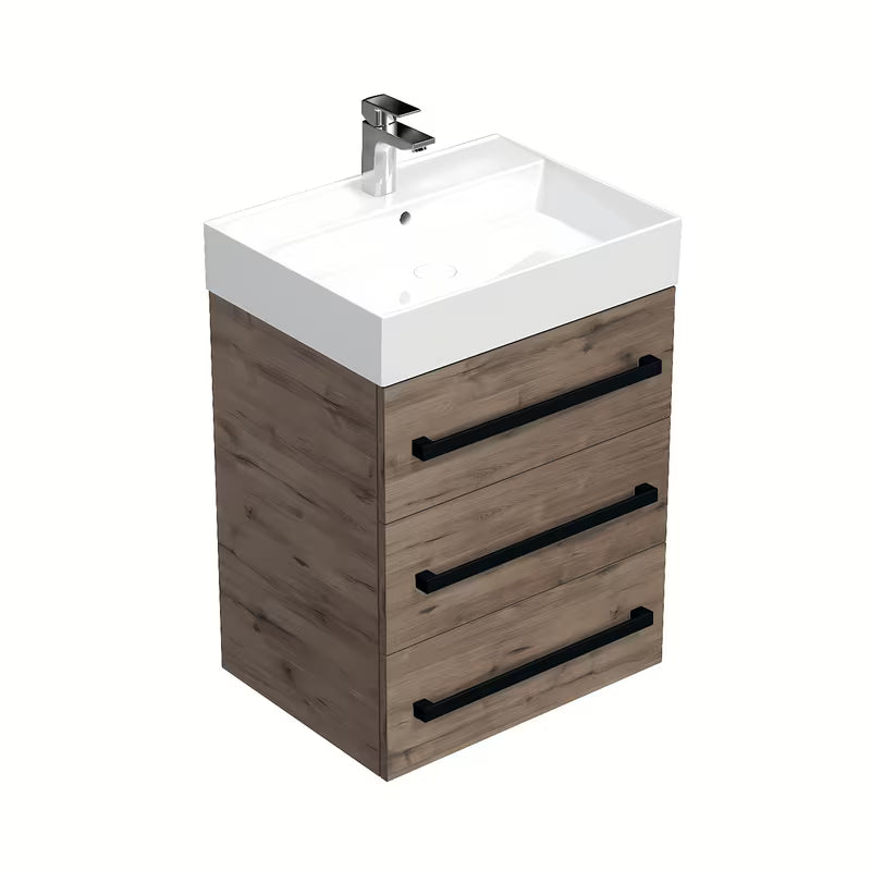 Viseča ormarić s keramičkim umivaonikom SAT Cube Way u dekoru hrasta wellington s crnom ručkicom