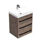 Viseča kopalniška omarica SAT Cube Way s keramičkim umivaonikom u dekoru hrasta wellington i crnim ručkicama.