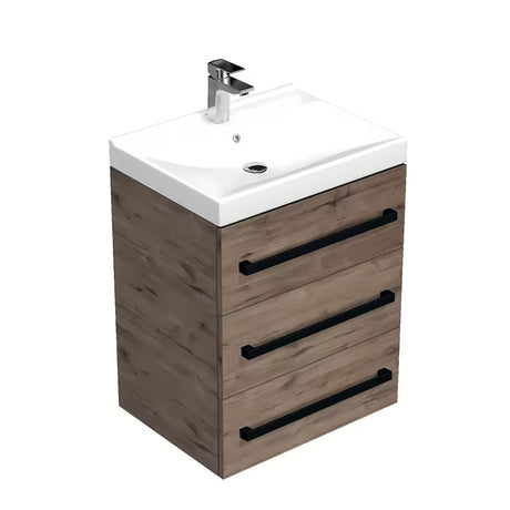 Viseča kopalniška omarica SAT Cube Way s keramičkim umivaonikom u dekoru hrasta wellington i crnim ručkicama.