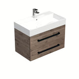 Viseča kopalniška omarica s keramičkim umivaonikom SAT Cube Way u dekoru hrasta wellington s crnim ručkicama.