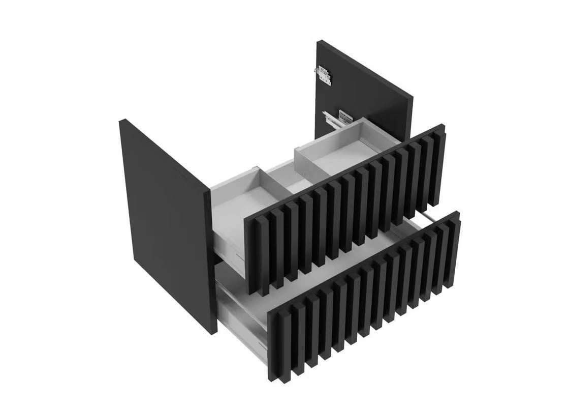 Viseča kopalniška omarica SAT Delano v črni mat barvi z zgornjo ploščo v dekorju hrasta in vertikalnimi letvicami.