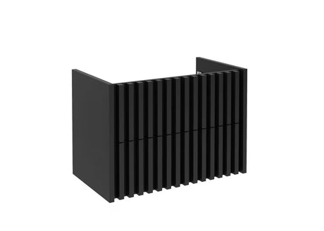 Viseča kopalniška omarica SAT Delano u mat crnoj boji s hrastovom gornjom pločom i okomitim letvicama.