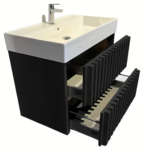 Viseča kopalniška omarica s keramičkim umivaonikom SAT Delano u crnoj mat izvedbi.