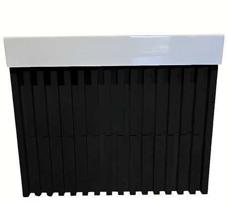 Crna viseča kopalniška omarica SAT Delano s keramičkim umivaonikom i okomitim letvicama