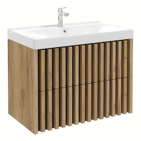 Viseča kopalniška omarica s keramičkim umivaonikom SAT Delano u dekoru hrasta s vertikalnim letvicama