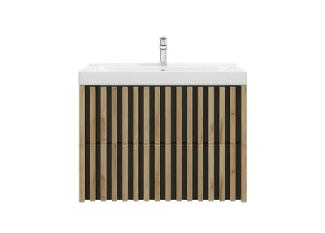 Viseča kopalniška omarica s keramičkim umivaonikom SAT Delano u dekoru hrasta s vertikalnim letvicama